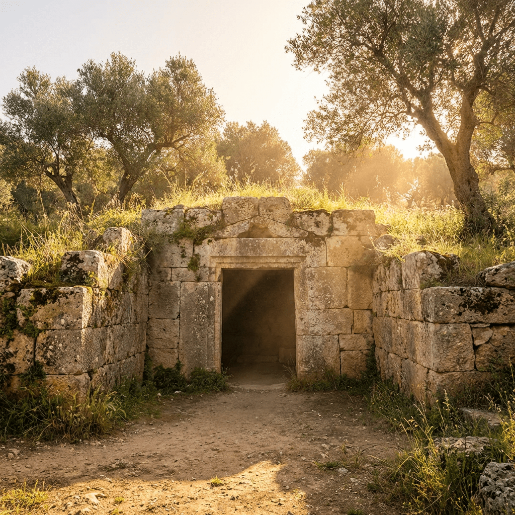 Ancient stone tomb entrance with sunlight streaming into the dark interior.