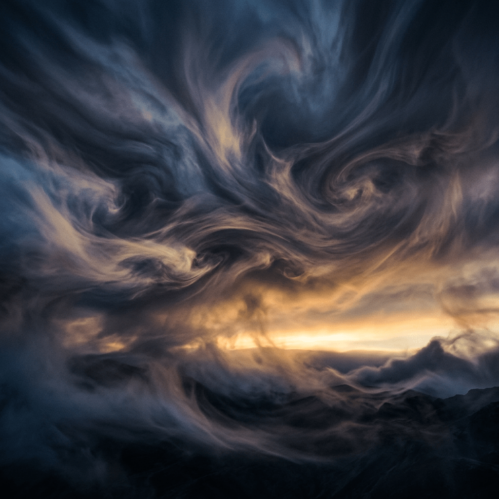 Swirling dark clouds with orange light near horizon above shadowed mountains
