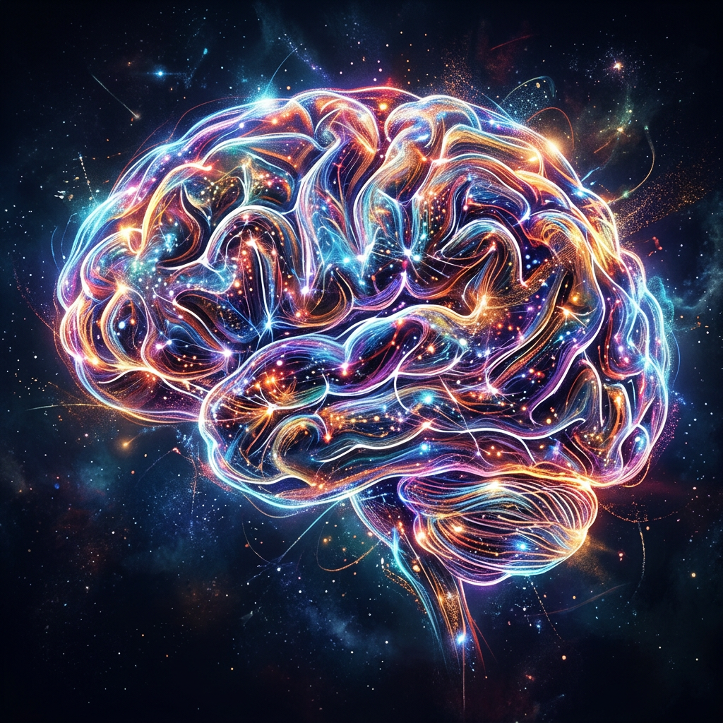 Illuminated abstract representation of a human brain with bright neural pathways