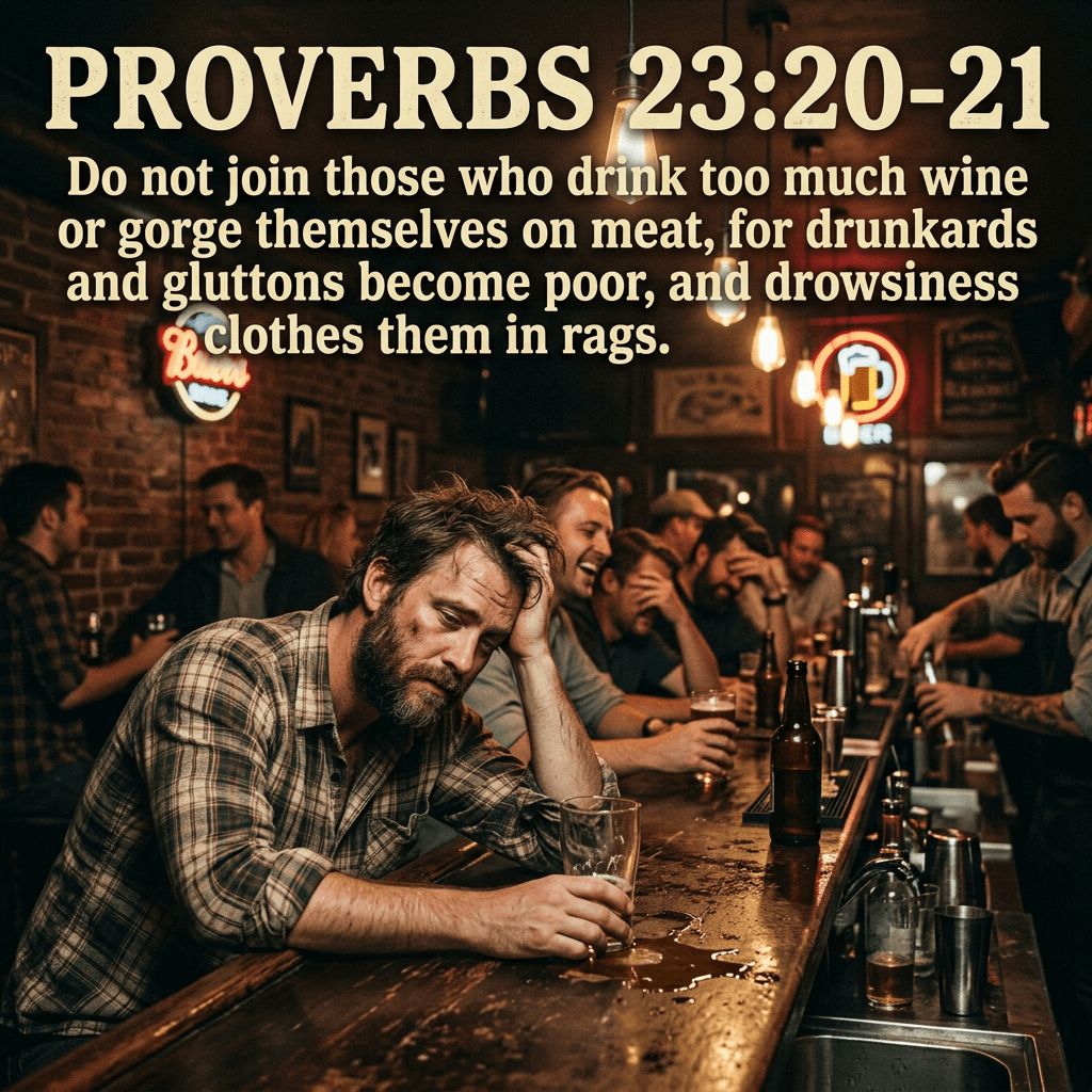 Bar drunkard scene with Proverbs 23:20-21 text
