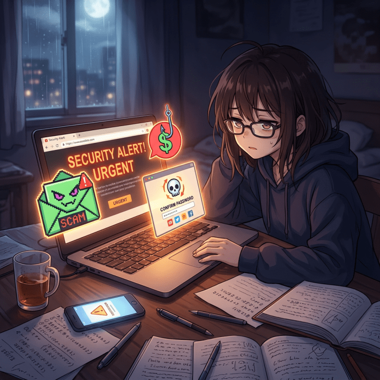 Student at desk with laptop showing urgent security alert and scam warnings