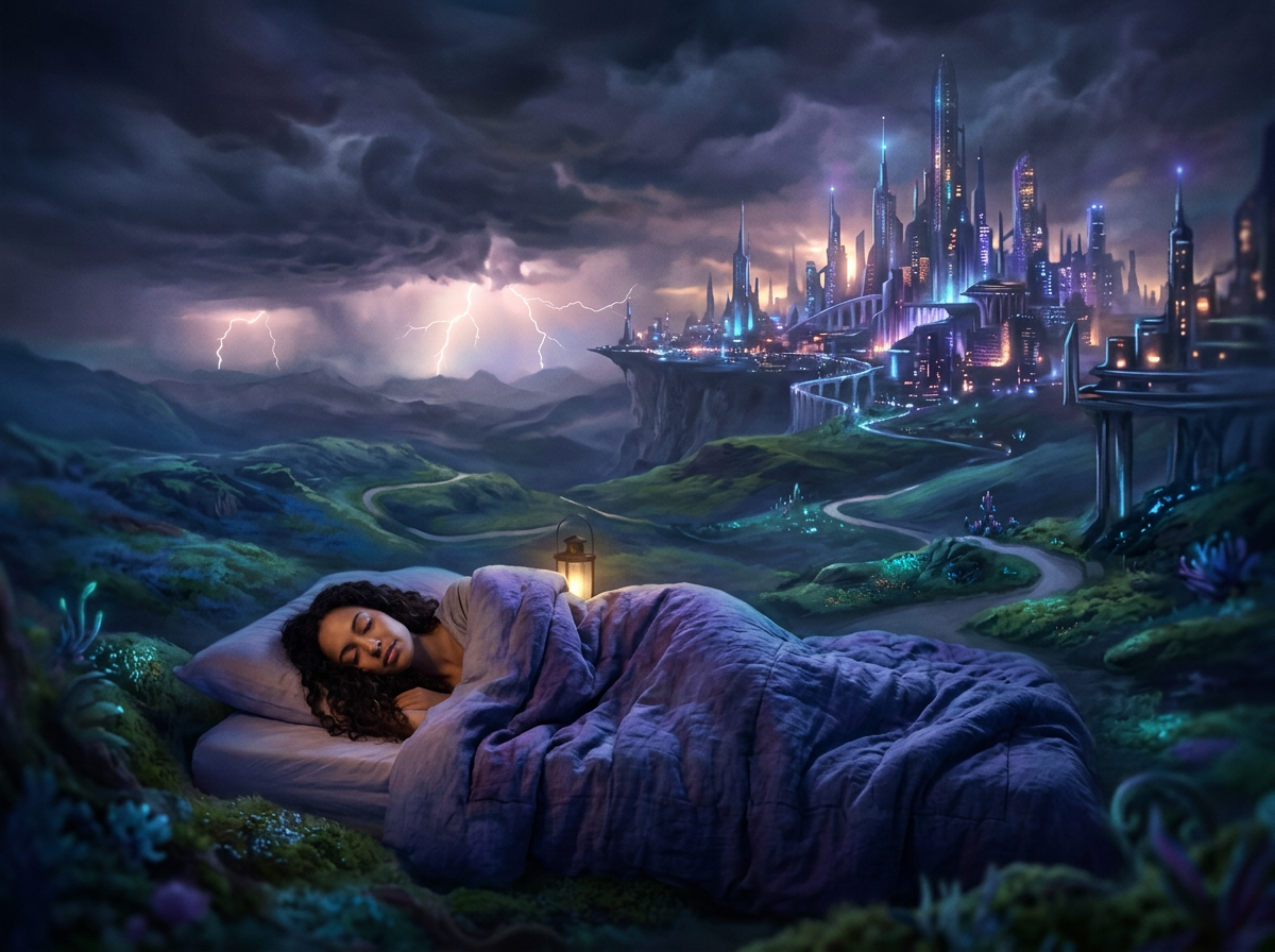 Sleeping woman under a blanket with futuristic city and lightning behind her