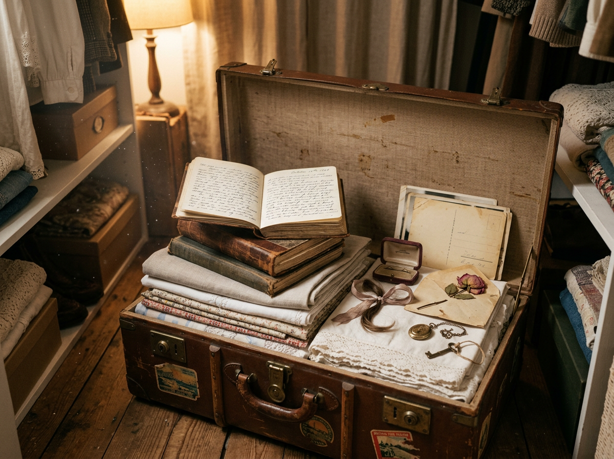 Open vintage suitcase filled with journals, folded linens, keepsakes, and postcards