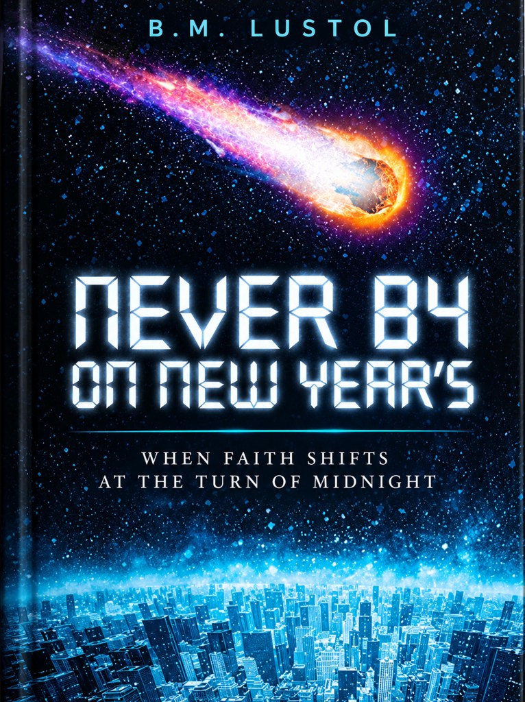 Book cover of 'Never on New Year's' by B.M. Lustol featuring a comet streaking through a starry sky over a glowing city skyline