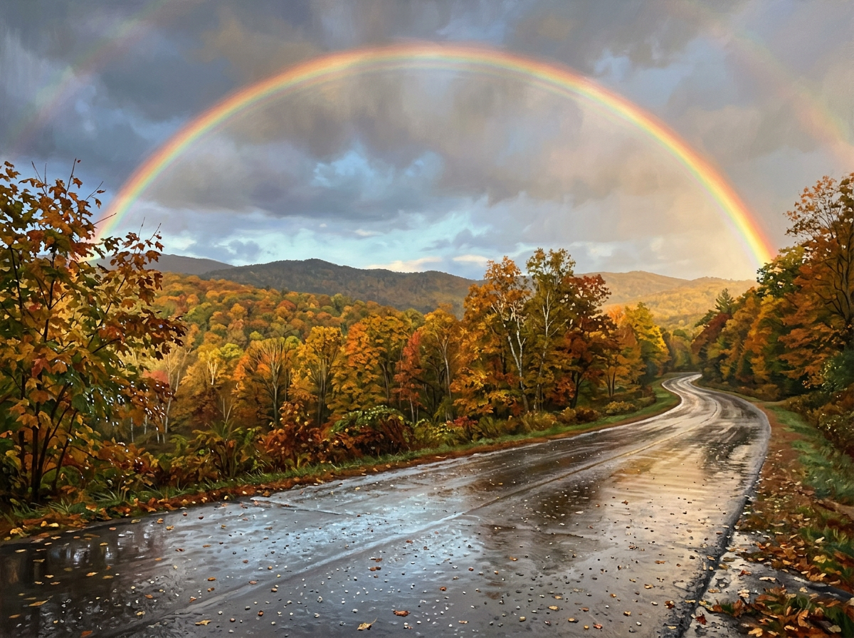 Rainy mountain road winding through colorful autumn forest beneath a rainbow